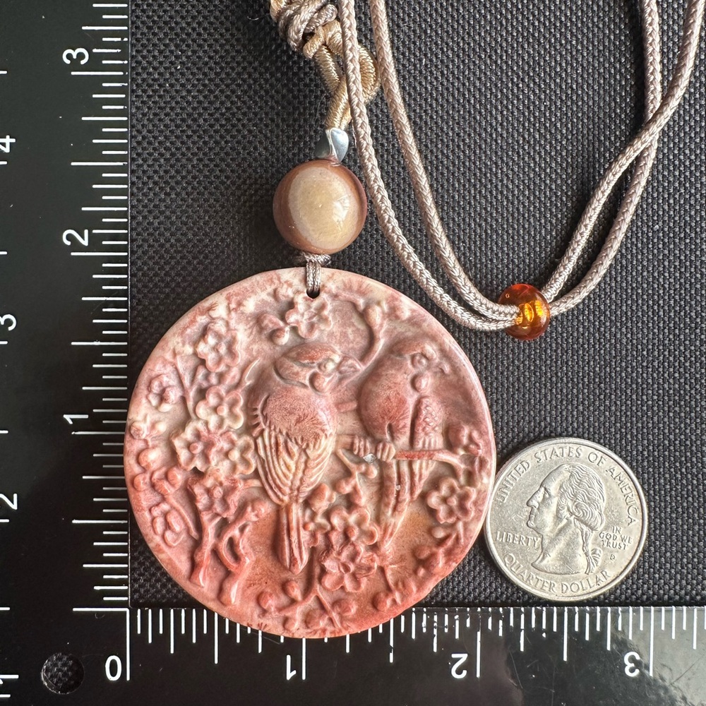 Coral Fossil Carved Round Bird Pendant Necklace on Tan Adjustable Rope - Picture 12 of 13